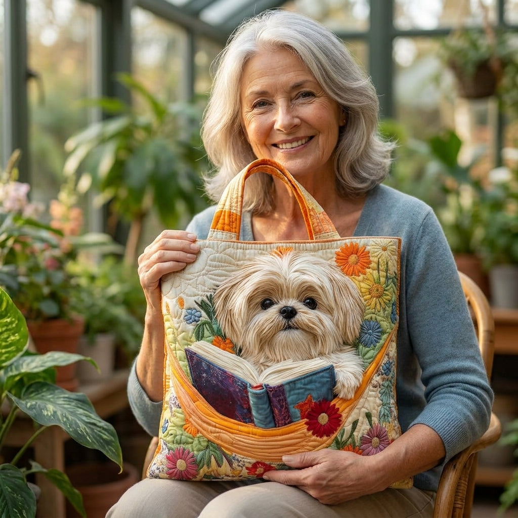 Řemeslná taška – shih tzu s knihami a květinami