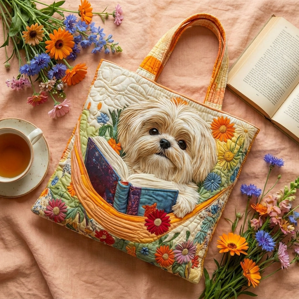Řemeslná taška – shih tzu s knihami a květinami