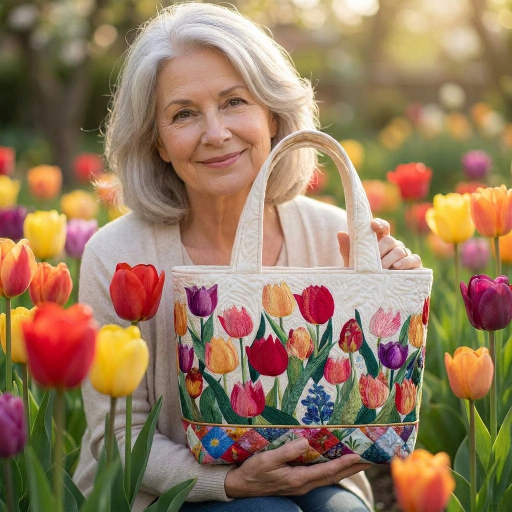 Prošívaná nákupní taška – tulipánová zahrada