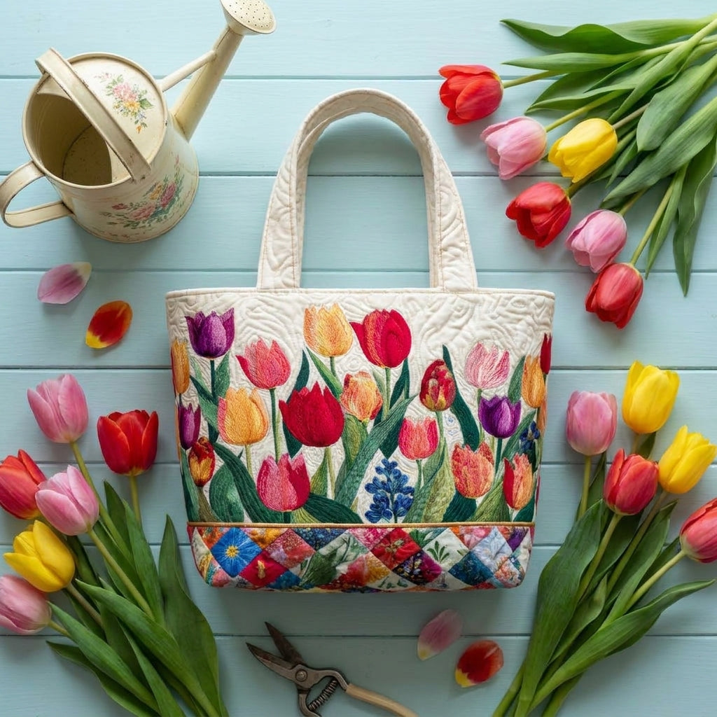 Prošívaná nákupní taška – tulipánová zahrada