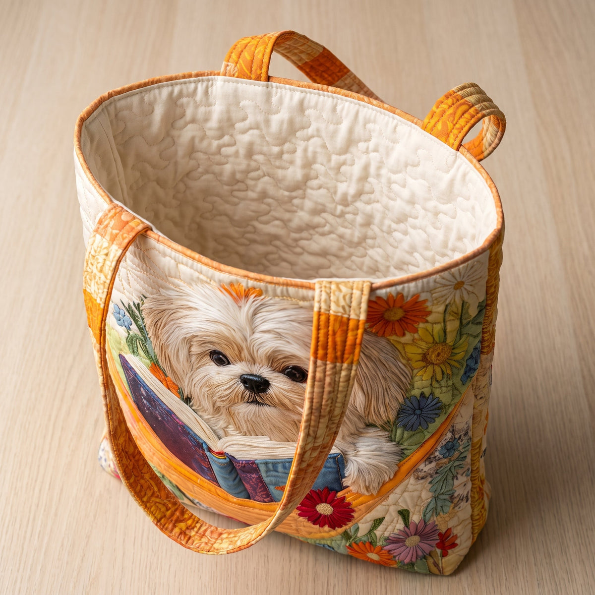 Řemeslná taška – shih tzu s knihami a květinami