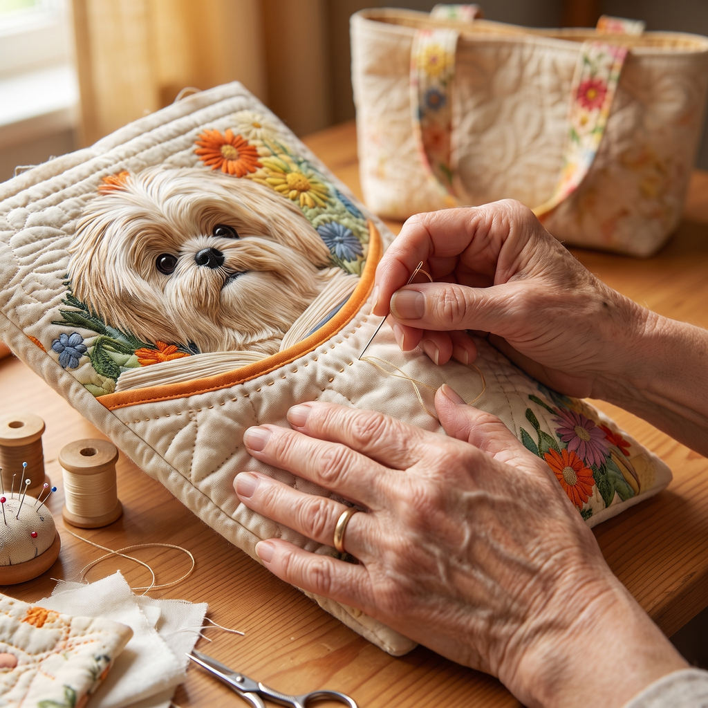 Řemeslná taška – shih tzu s knihami a květinami