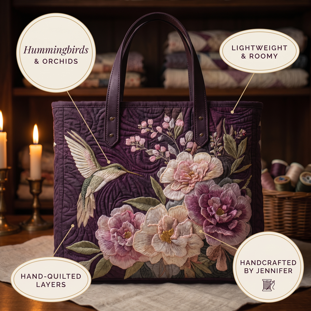 Řemeslná prošívaná taška – kolibříci a orchideje