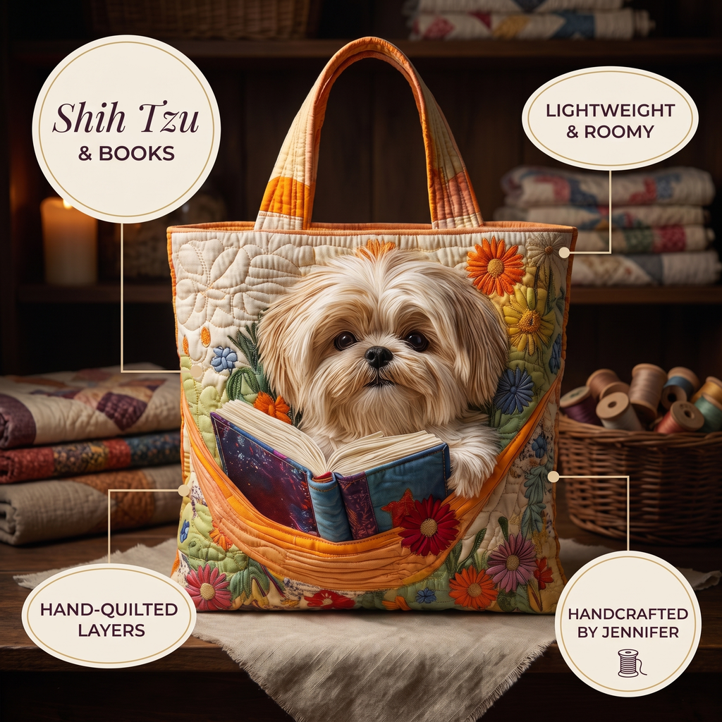 Řemeslná taška – shih tzu s knihami a květinami