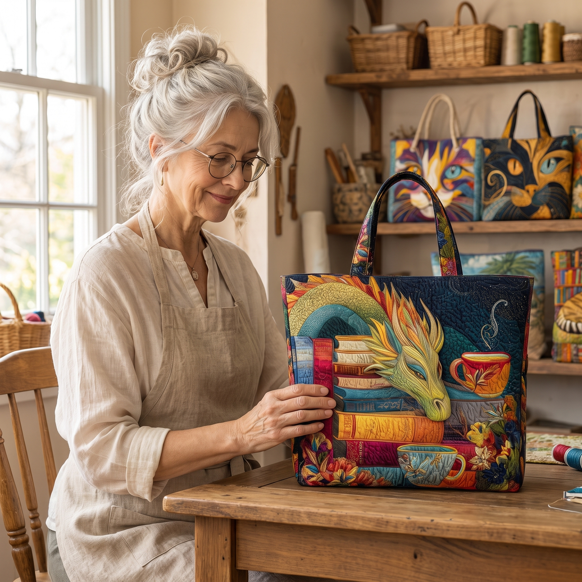 Řemeslná taška – čtoucí drak s knihami a hrnky