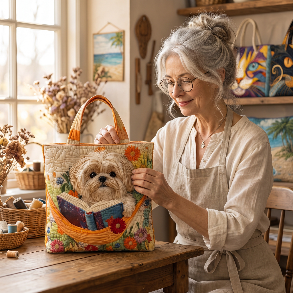 Řemeslná taška – shih tzu s knihami a květinami
