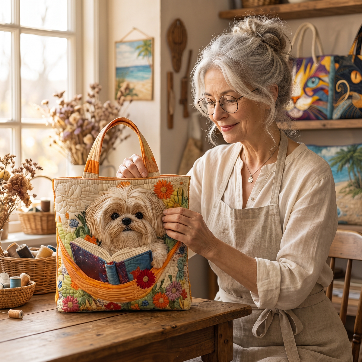 Řemeslná taška – shih tzu s knihami a květinami