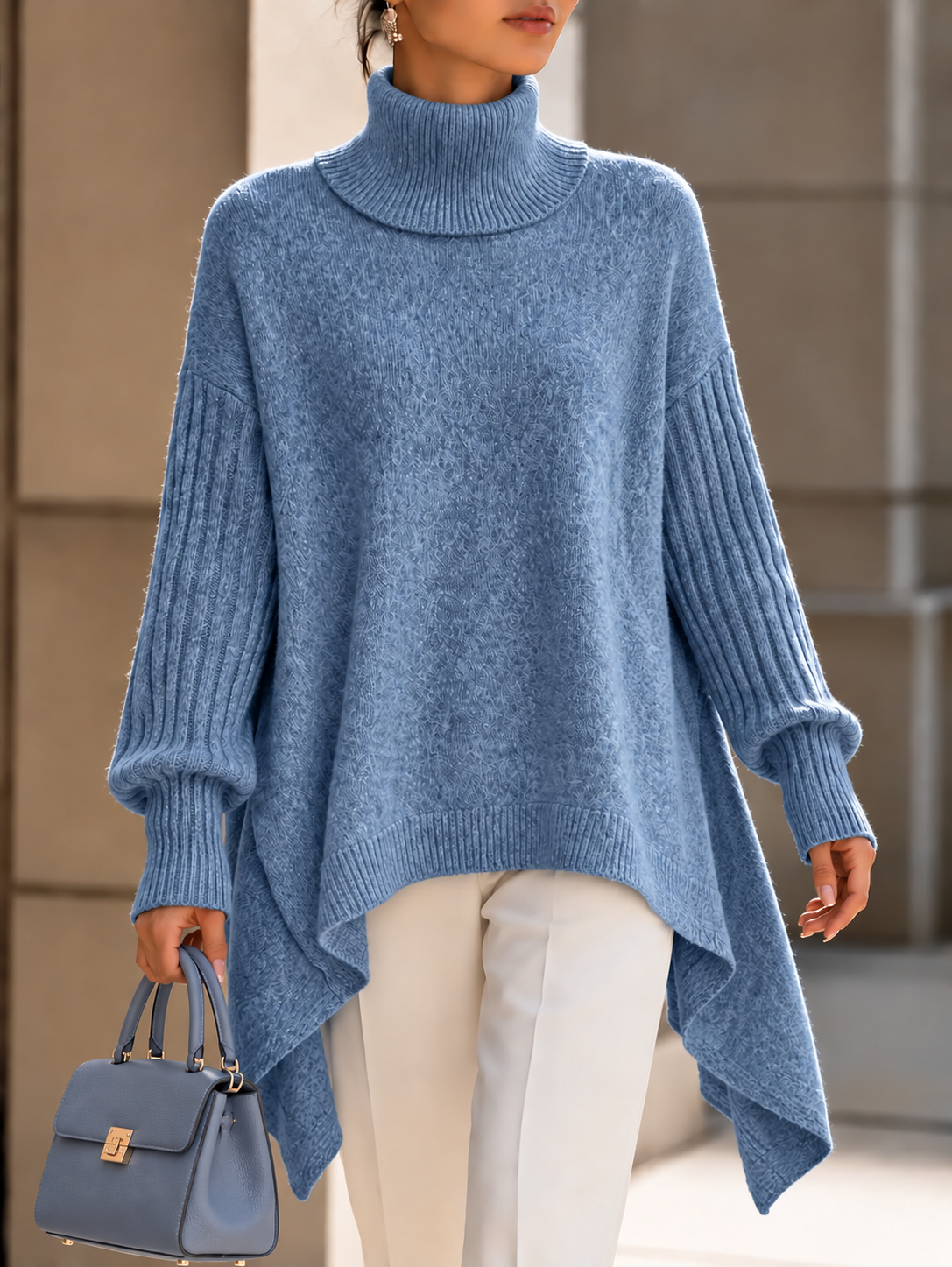 Rebeka - Oversize rolák s asymetrickým lemem – šedomodrá