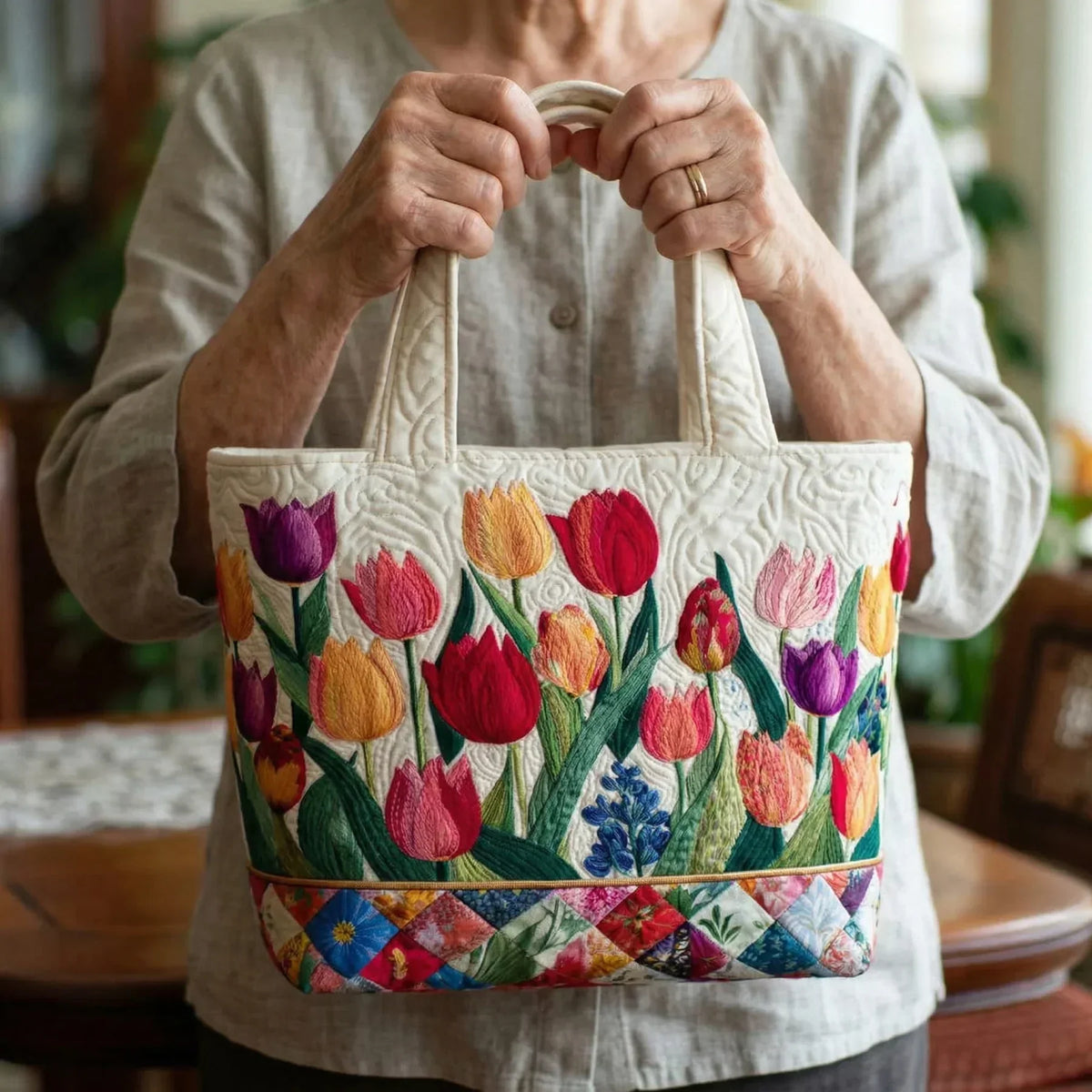 Prošívaná nákupní taška – tulipánová zahrada