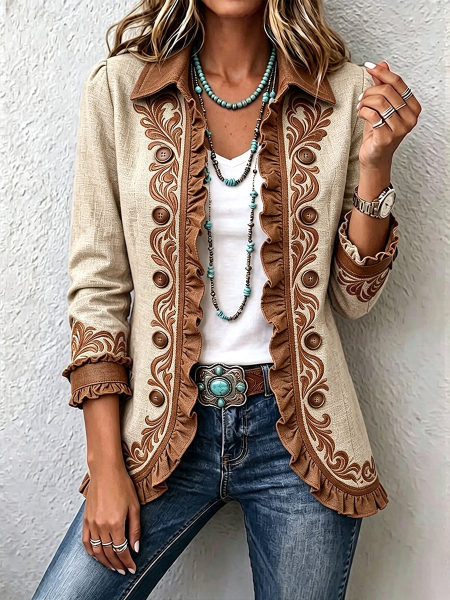 Dagmar | Vintage boho bunda s květinovou výšivkou a volánky